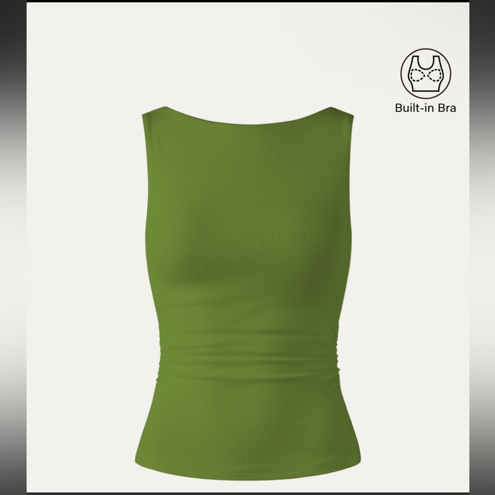 OGL Olive Green Ribbed Tank Top with Built-In Bra
